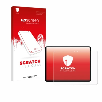 Face avant d’un emballage produit avec le logo de la marque upscreen. À côté, l’appareil Apple iPad Air 13" M3 2025 est représ