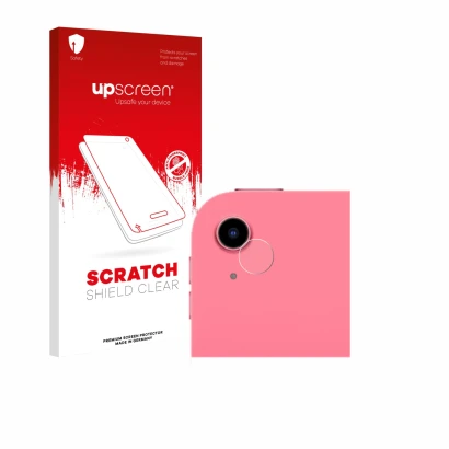 Face avant d’un emballage produit avec le logo de la marque upscreen. À côté, l’appareil Apple iPad A16 11" 2025 (Caméra UNIQU
