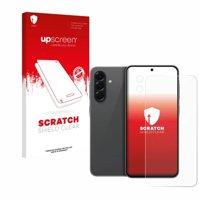 Face avant d’un emballage produit avec le logo de la marque upscreen. À côté, l’appareil Samsung Galaxy A56 5G (Avant+Caméra) 