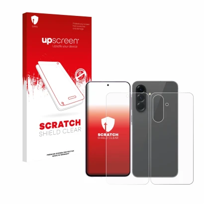 Face avant d’un emballage produit avec le logo de la marque upscreen. À côté, l’appareil Samsung Galaxy A56 5G (Avant+Arrière)