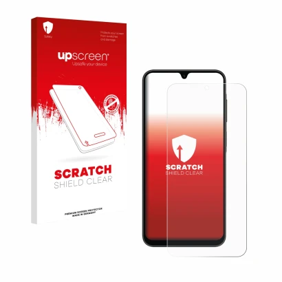 Face avant d’un emballage produit avec le logo de la marque upscreen. À côté, l’appareil Samsung Galaxy A26 5G est représenté