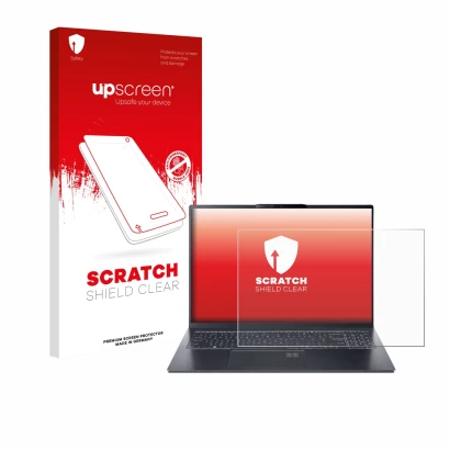 Face avant d’un emballage produit avec le logo de la marque upscreen. À côté, l’appareil Acer Swift Go 16 AI est représenté av