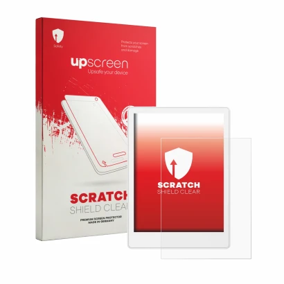 Face avant d’un emballage produit avec le logo de la marque upscreen. À côté, l’appareil Meebook M8 7.8" est représenté avec l