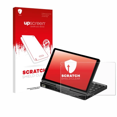 Face avant d’un emballage produit avec le logo de la marque upscreen. À côté, l’appareil GPD Pocket 4 est représenté avec la p