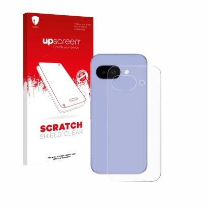 Face avant d’un emballage produit avec le logo de la marque upscreen. À côté, l’appareil Google Pixel 9a (Arrière) est représe