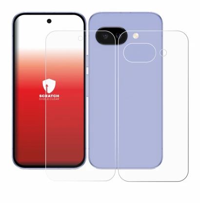 Image de l'appareil Google Pixel 9a (Avant+Arrière) avec une grande variété de protections d'écran.