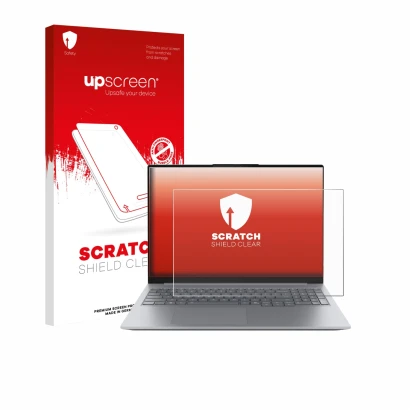 Face avant d’un emballage produit avec le logo de la marque upscreen. À côté, l’appareil Lenovo ThinkBook 16 Gen 8 est représe