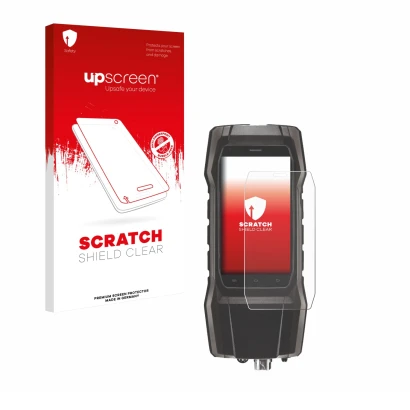 Face avant d’un emballage produit avec le logo de la marque upscreen. À côté, l’appareil Testo 300 est représenté avec la prot