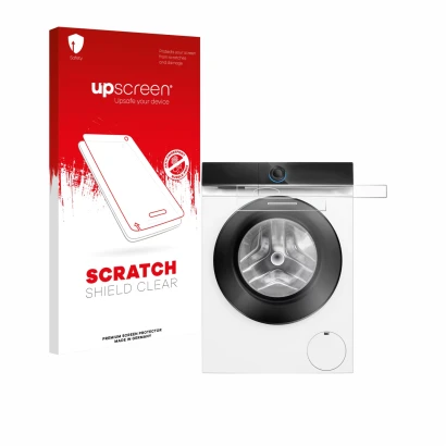 Face avant d’un emballage produit avec le logo de la marque upscreen. À côté, l’appareil Siemens WG56B2041 IQ700 Touchdisplay