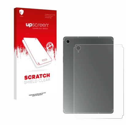 Face avant d’un emballage produit avec le logo de la marque upscreen. À côté, l’appareil Samsung Galaxy Tab S10 FE (Arrière) e