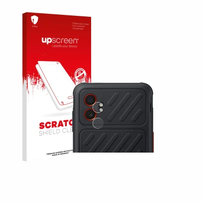 Face avant d’un emballage produit avec le logo de la marque upscreen. À côté, l’appareil Samsung Galaxy XCover 7 Pro (Caméra U