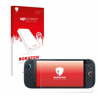Face avant d’un emballage produit avec le logo de la marque upscreen. À côté, l’appareil Nintendo Switch 2 est représenté avec