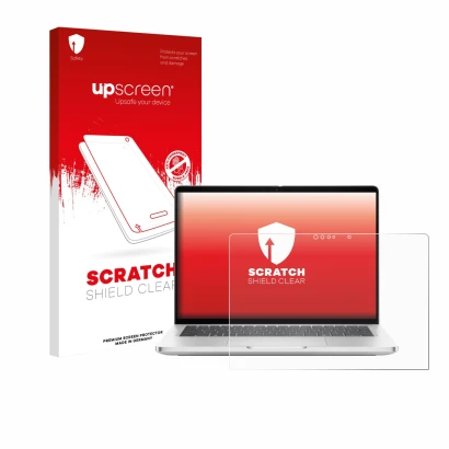 Face avant d’un emballage produit avec le logo de la marque upscreen. À côté, l’appareil Dell Pro 13 Plus 2-in-1 est représent