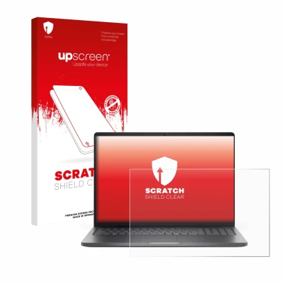 Face avant d’un emballage produit avec le logo de la marque upscreen. À côté, l’appareil Dell Pro 16 PC16250 est représenté av