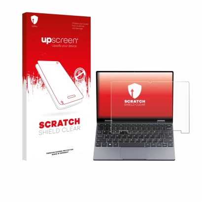 Face avant d’un emballage produit avec le logo de la marque upscreen. À côté, l’appareil Chuwi MiniBook X N150 est représenté