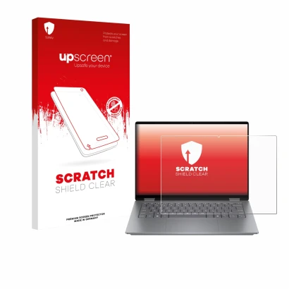 Face avant d’un emballage produit avec le logo de la marque upscreen. À côté, l’appareil HP OmniBook X Flip 14 est représenté 