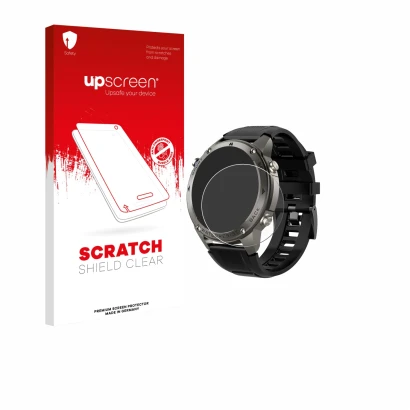 Face avant d’un emballage produit avec le logo de la marque upscreen. À côté, l’appareil Knauermann GPS 4 (2025) est représent