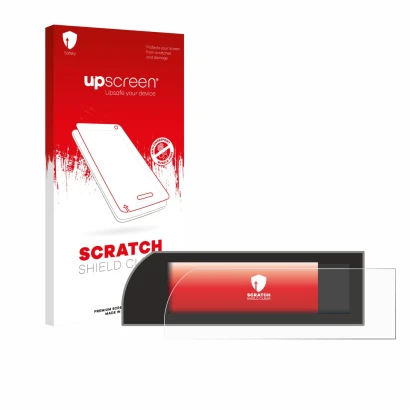 Face avant d’un emballage produit avec le logo de la marque upscreen. À côté, l’appareil Porsche 911 Typ 992 conduite à droite