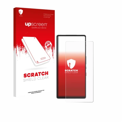 Face avant d’un emballage produit avec le logo de la marque upscreen. À côté, l’appareil ZTE Nubia Red Magic 10 Air est représ