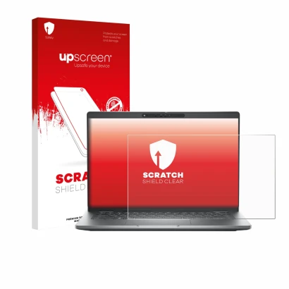 Face avant d’un emballage produit avec le logo de la marque upscreen. À côté, l’appareil Dell Latitude 5330 est représenté ave