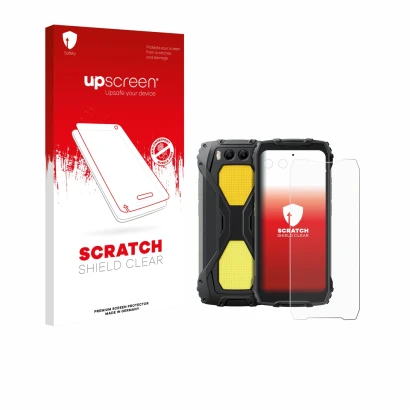 Face avant d’un emballage produit avec le logo de la marque upscreen. À côté, l’appareil Blackview BV7300 (Avant+Caméra) est r