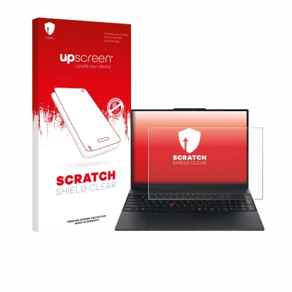 Face avant d’un emballage produit avec le logo de la marque upscreen. À côté, l’appareil Lenovo ThinkPad E16 Gen 3 est représe