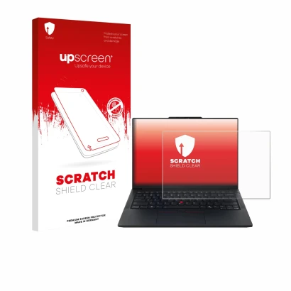 Face avant d’un emballage produit avec le logo de la marque upscreen. À côté, l’appareil Lenovo ThinkPad E14 Gen 7 est représe