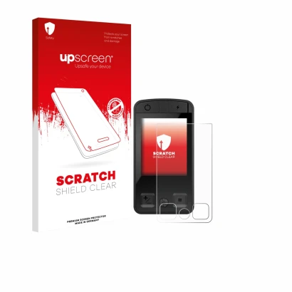 Face avant d’un emballage produit avec le logo de la marque upscreen. À côté, l’appareil Bosch Kiox 400C est représenté avec l