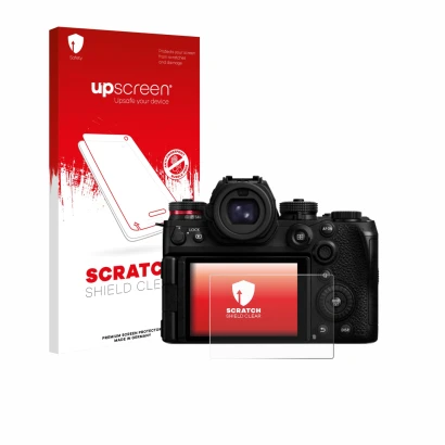 Face avant d’un emballage produit avec le logo de la marque upscreen. À côté, l’appareil Panasonic Lumix DC-S1II est représent