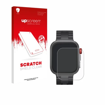 Face avant d’un emballage produit avec le logo de la marque upscreen. À côté, l’appareil Huawei Watch Fit 4 Pro est représenté