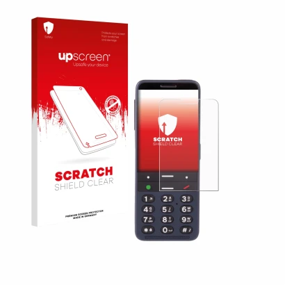 Face avant d’un emballage produit avec le logo de la marque upscreen. À côté, l’appareil BlindShell Classic 3 est représenté a