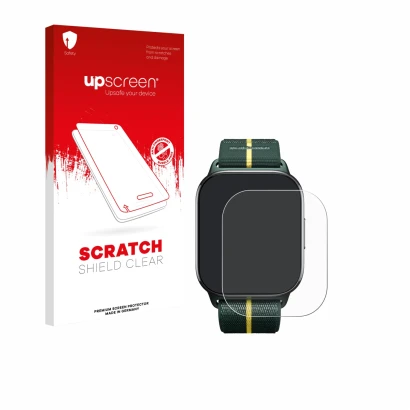 Face avant d’un emballage produit avec le logo de la marque upscreen. À côté, l’appareil Motorola Moto watch fit est représent