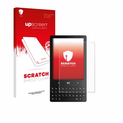 Face avant d’un emballage produit avec le logo de la marque upscreen. À côté, l’appareil The Minimal Company minimal phone est