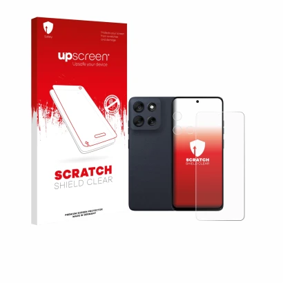 Face avant d’un emballage produit avec le logo de la marque upscreen. À côté, l’appareil Motorola Moto G56 (Avant+Caméra) est