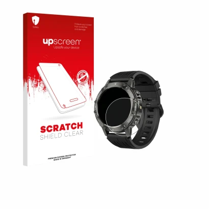 Face avant d’un emballage produit avec le logo de la marque upscreen. À côté, l’appareil TIMU S81 1.39" est représenté avec la