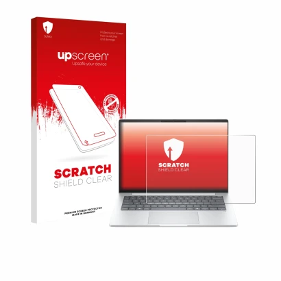 Face avant d’un emballage produit avec le logo de la marque upscreen. À côté, l’appareil HP EliteBook 8 G1i 14" est représenté