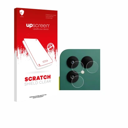 Face avant d’un emballage produit avec le logo de la marque upscreen. À côté, l’appareil Fairphone 6 (Caméra UNIQUEMENT) est r