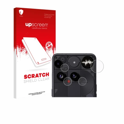 Face avant d’un emballage produit avec le logo de la marque upscreen. À côté, l’appareil Nothing Phone (3) (Caméra UNIQUEMENT)