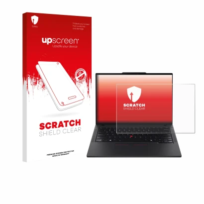 Face avant d’un emballage produit avec le logo de la marque upscreen. À côté, l’appareil Lenovo ThinkPad T14 Gen 6 est représe