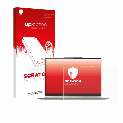 Face avant d’un emballage produit avec le logo de la marque upscreen. À côté, l’appareil Lenovo Yoga 7 2-in-1 Gen 10 14
