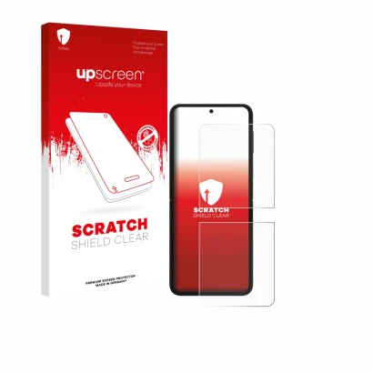 Face avant d’un emballage produit avec le logo de la marque upscreen. À côté, l’appareil Samsung Galaxy Z Flip 7 FE est représ