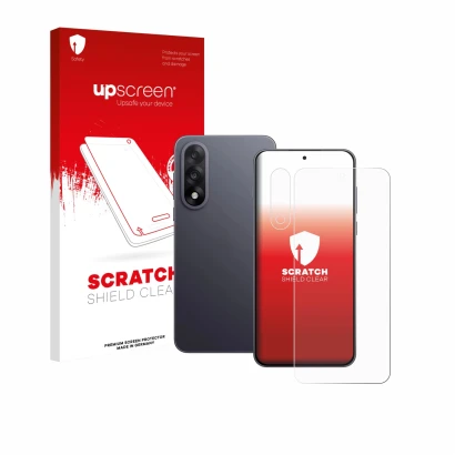 Face avant d’un emballage produit avec le logo de la marque upscreen. À côté, l’appareil OnePlus Nord 5 (Avant+Caméra) est rep