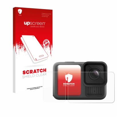Face avant d’un emballage produit avec le logo de la marque upscreen. À côté, l’appareil GoPro Hero 13 Black Creator Edition e