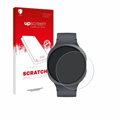 Face avant d’un emballage produit avec le logo de la marque upscreen. À côté, l’appareil Samsung Galaxy Watch 8 (44 mm) est re