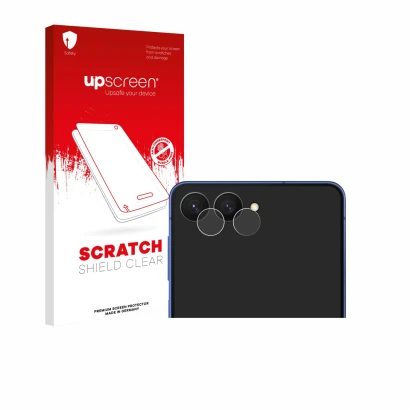 Face avant d’un emballage produit avec le logo de la marque upscreen. À côté, l’appareil Samsung Galaxy Z Flip 7 (Caméra UNIQU