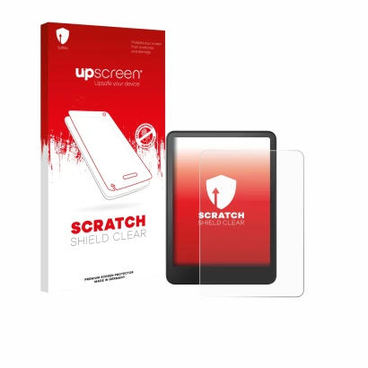 Face avant d’un emballage produit avec le logo de la marque upscreen. À côté, l’appareil Amazon Kindle Colorsoft est représent