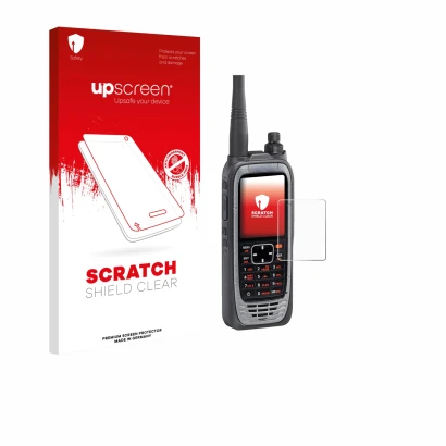 Face avant d’un emballage produit avec le logo de la marque upscreen. À côté, l’appareil Icom IC-A25NE /IC-A25CE est représent