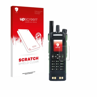 Face avant d’un emballage produit avec le logo de la marque upscreen. À côté, l’appareil Baofeng DM-32 est représenté avec la