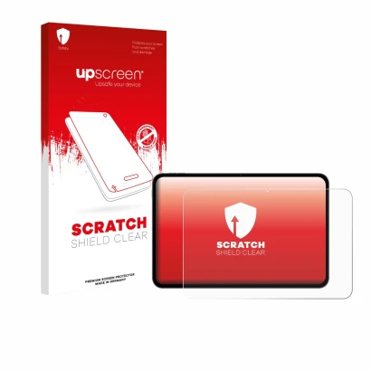 Face avant d’un emballage produit avec le logo de la marque upscreen. À côté, l’appareil Teclast T65 est représenté avec la pr