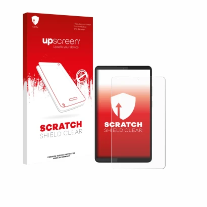 Face avant d’un emballage produit avec le logo de la marque upscreen. À côté, l’appareil Lenovo Tab One 8.7" est représenté av